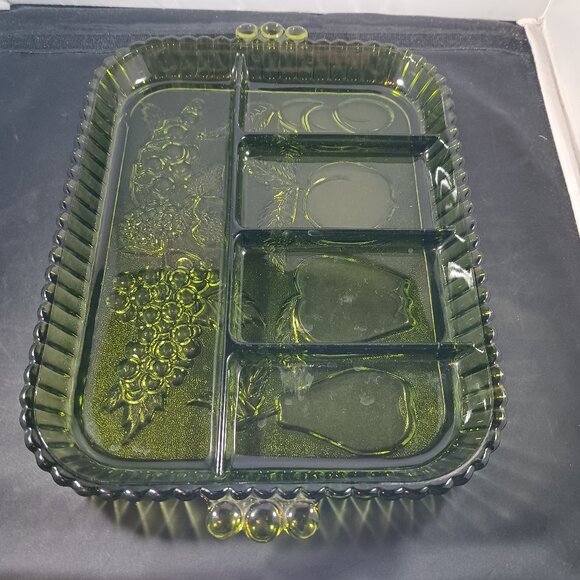 Vintage Indiana Glass Co. Serving Tray of Green Glass/Fruit Sectional Platter - Picture 1 of 6